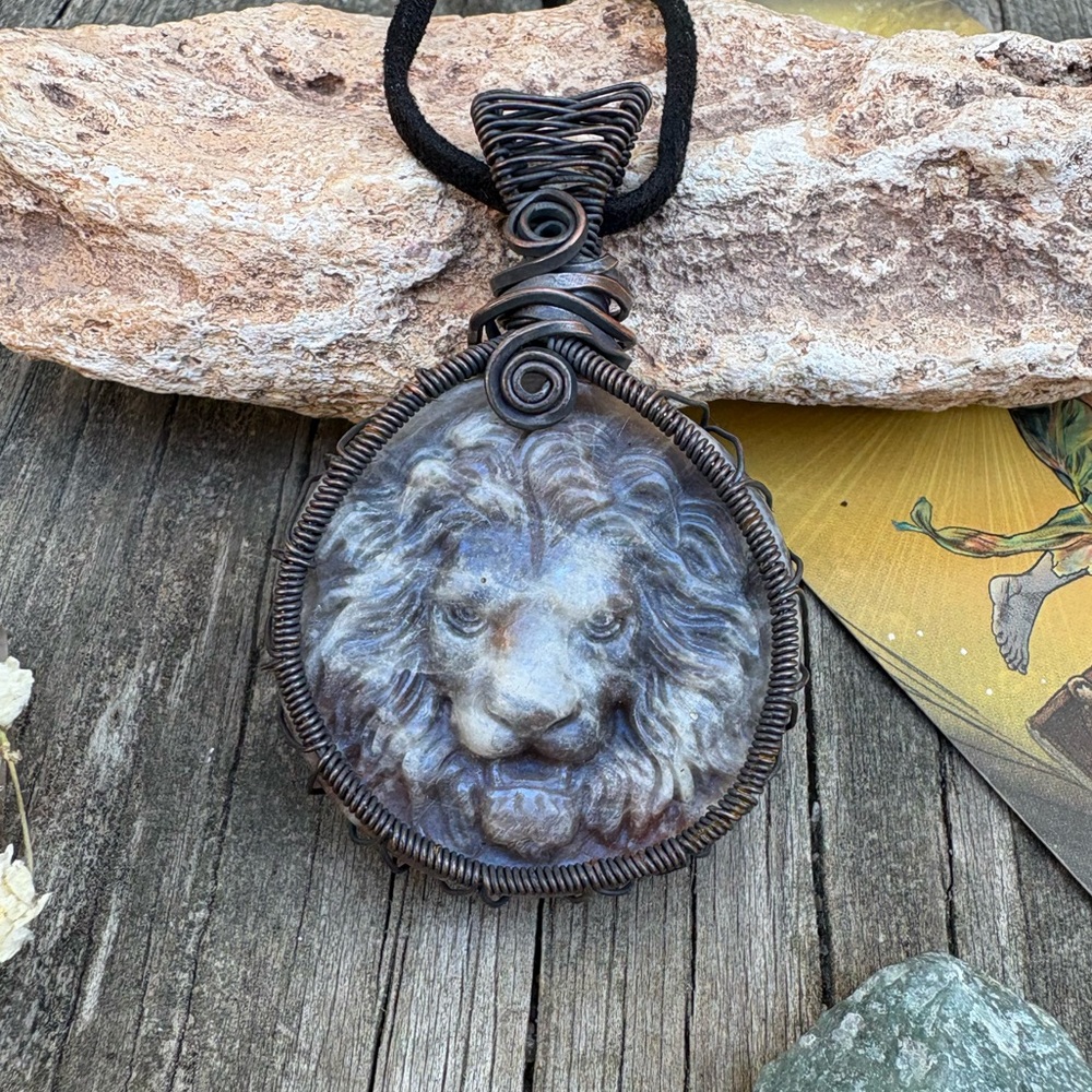 Wire Wrapped Blue Moonstone Lion Pendant Necklace